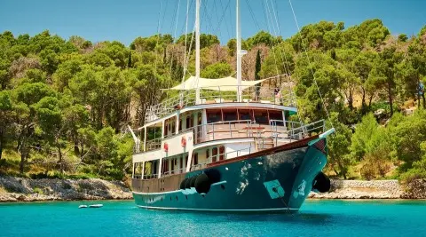 Luna yacht anchored near rocky shore with palm trees and clear blue water