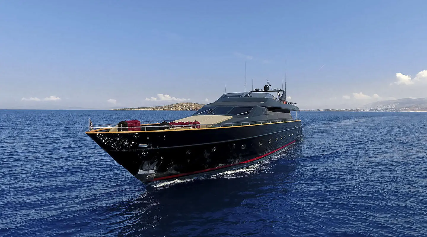 Luxurious motor yacht on blue sea, bow forward