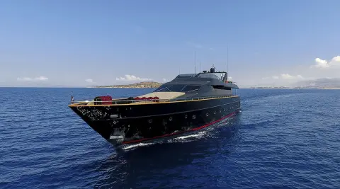 Luxurious motor yacht on blue sea, bow forward