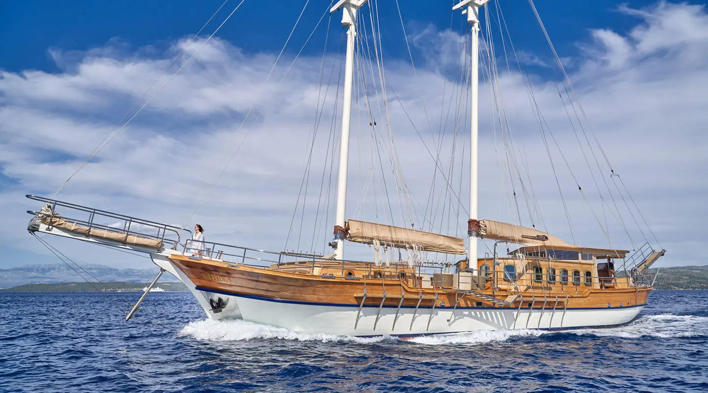 Gulet Libra sailing yacht on blue sea with clear sky and sails up