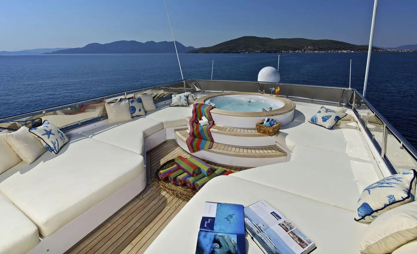 On the O'Rion yacht deck at sunset, guests lounge on white seating