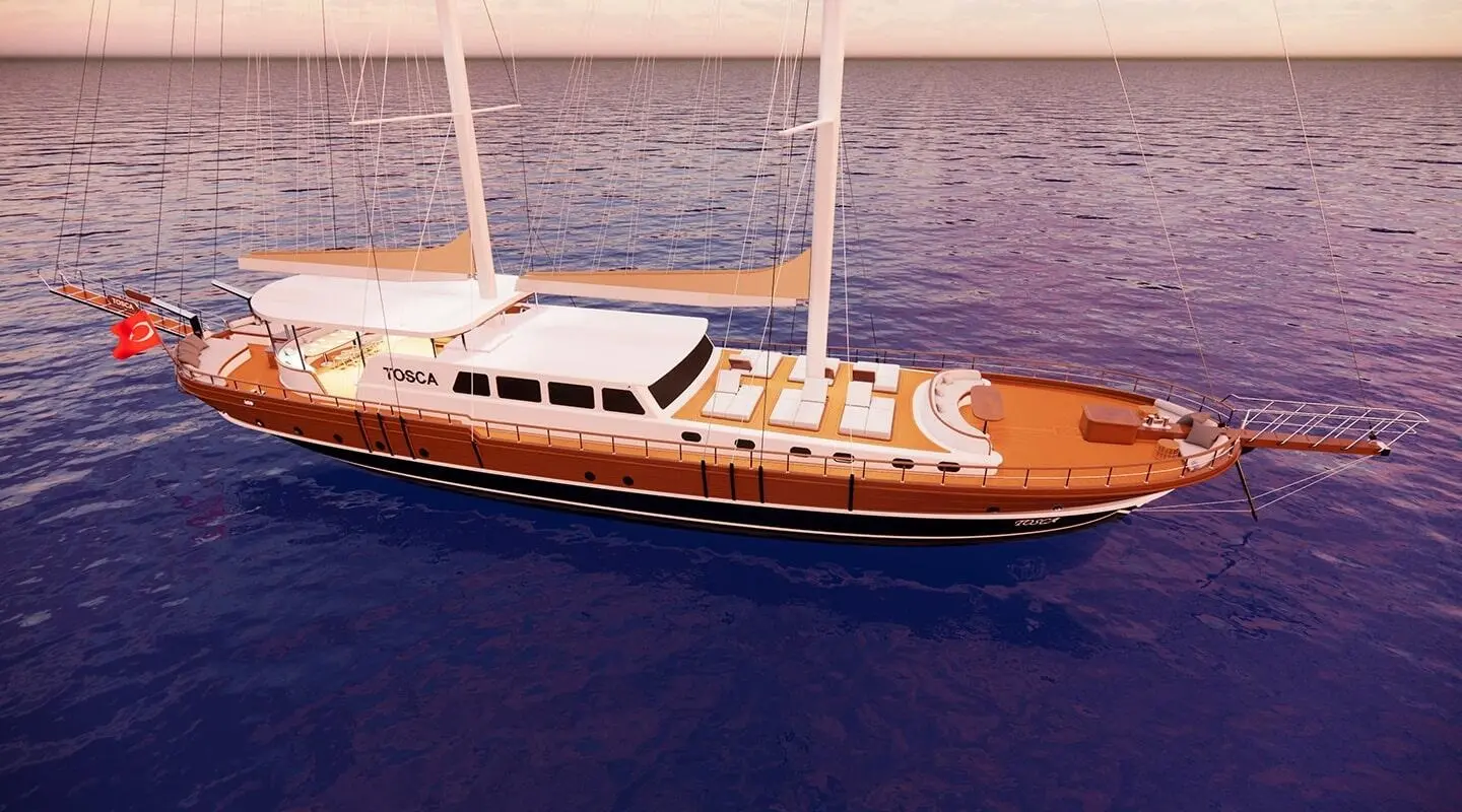 Yacht Tosca, gulet, anchored in calm blue sea near pier, wooden deck
