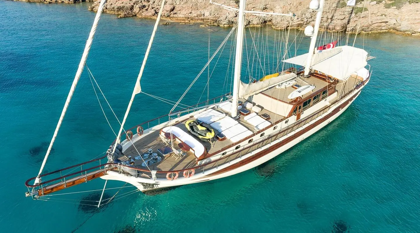 Estrella De Mar yacht anchored in turquoise water with sails and deck visible