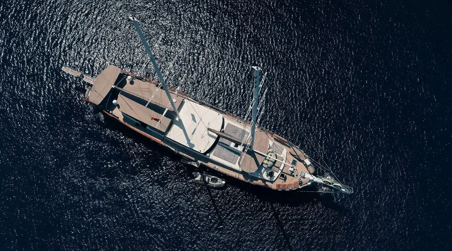 Aerial view of the Nevra Queen sailing yacht on the sea