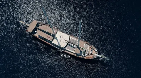 Aerial view of the Nevra Queen sailing yacht on the sea