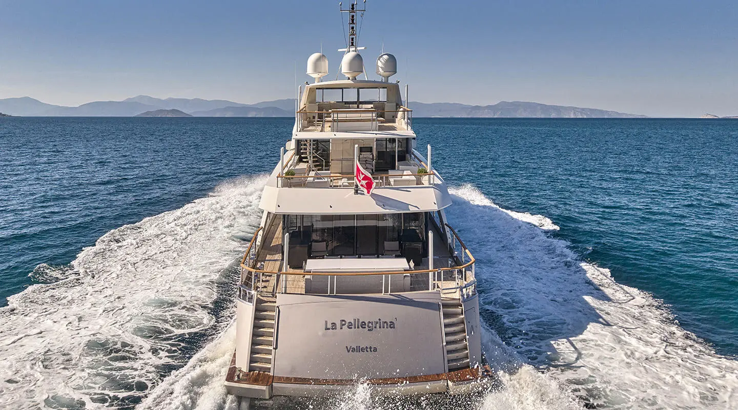 La Pellegrina 1 luxury yacht cruising forward view with aft deck and open lounge areas