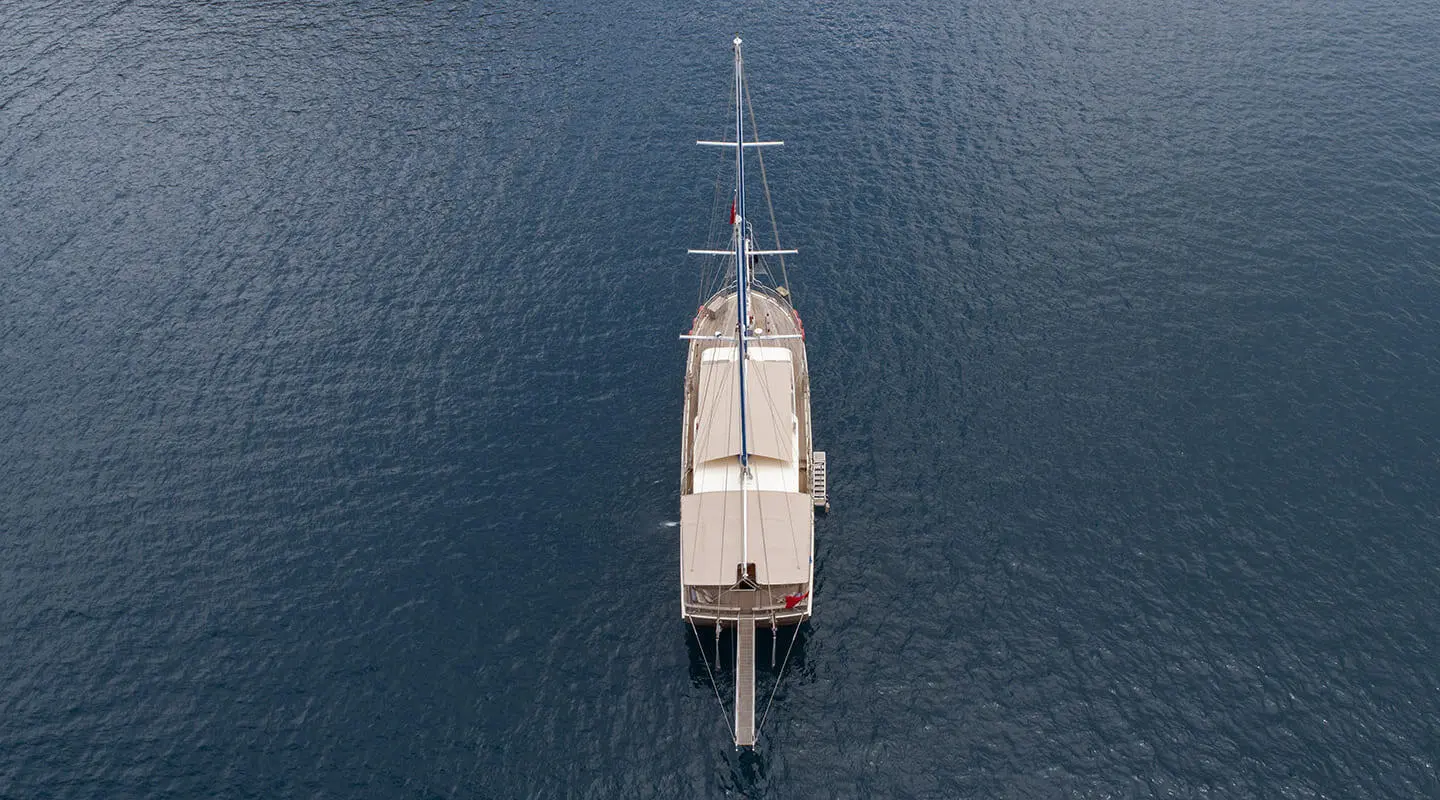 Top-down view of Gulet Faralya yacht anchored in calm blue sea