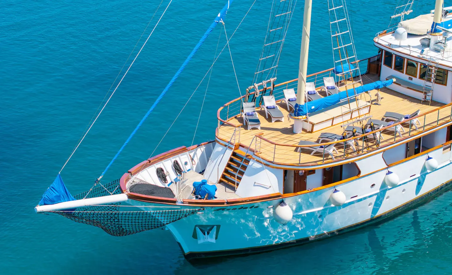 Forward deck of Gulet Mendula with rigging and parts visible