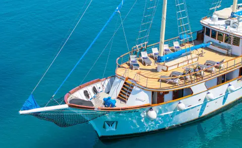 Forward deck of Gulet Mendula with rigging and parts visible