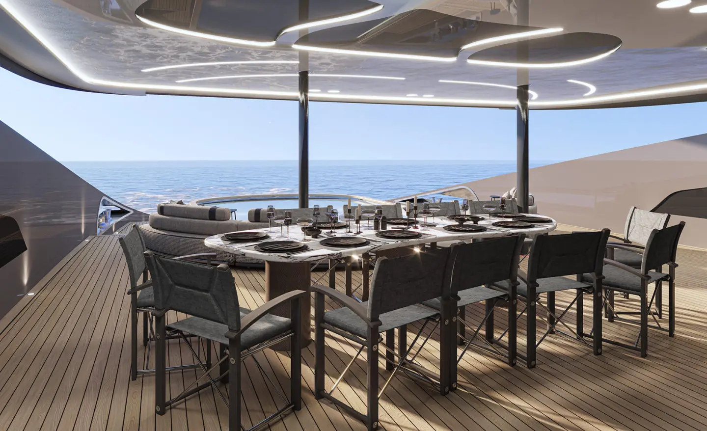 Bello yacht dining on open deck with ocean view and modern circular seating