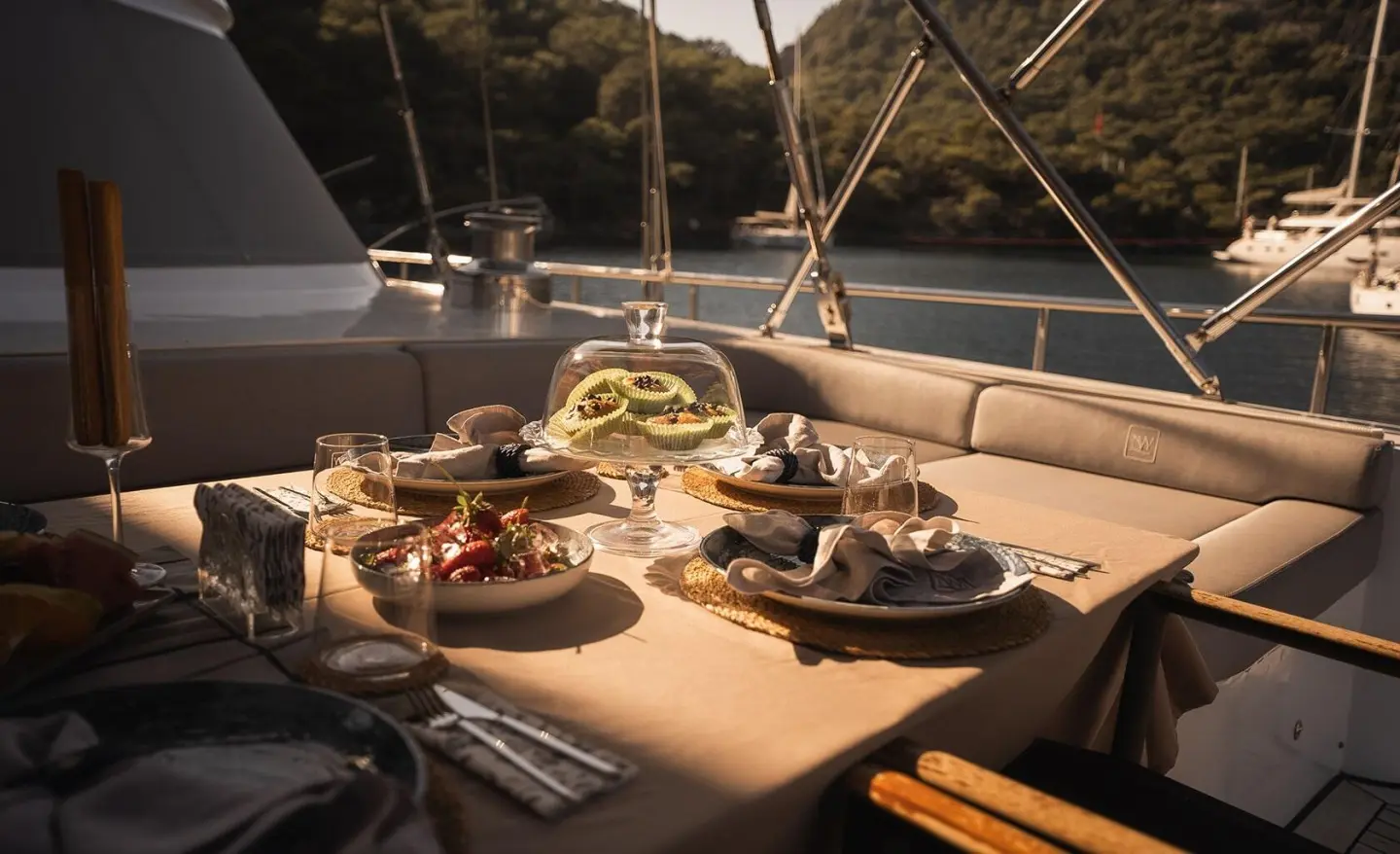 Table setting on North Wind yacht with decorative plates and candleholders