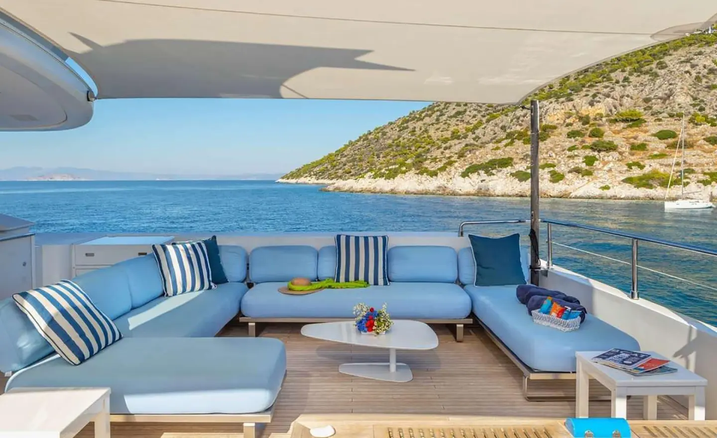 Sea Wolf motor yacht deck seating area with cushions and ocean view