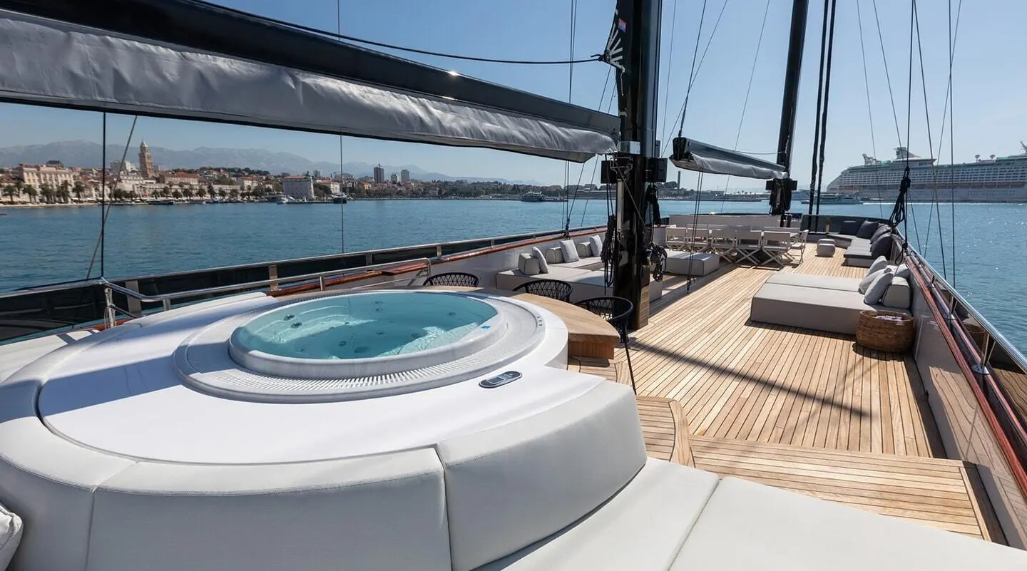 Luxurious 52m yacht Scorpios deck with hot tub and panoramic sea view