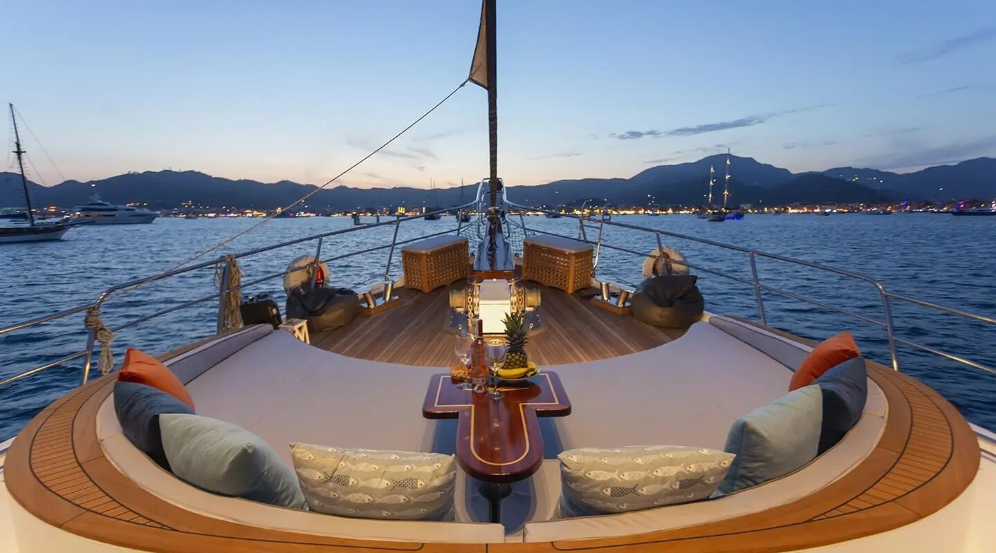 Gulet Diva Deniz on the bow deck with wooden deck and railings