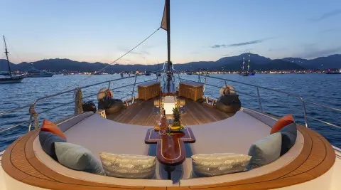 Gulet Diva Deniz on the bow deck with wooden deck and railings