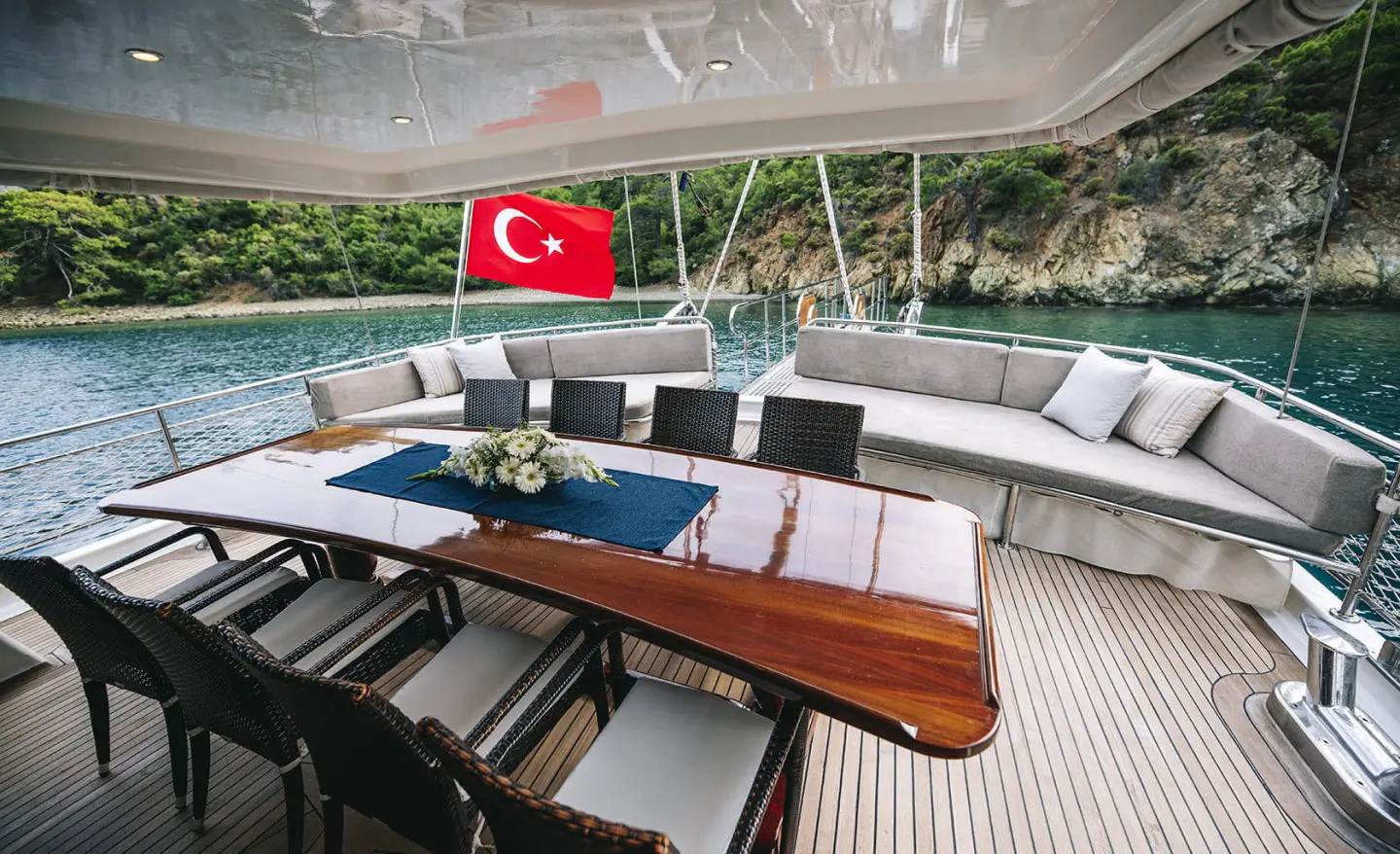 Kayhan 3 luxury gulet sailing at sunset with Turkish flag aboard dining deck