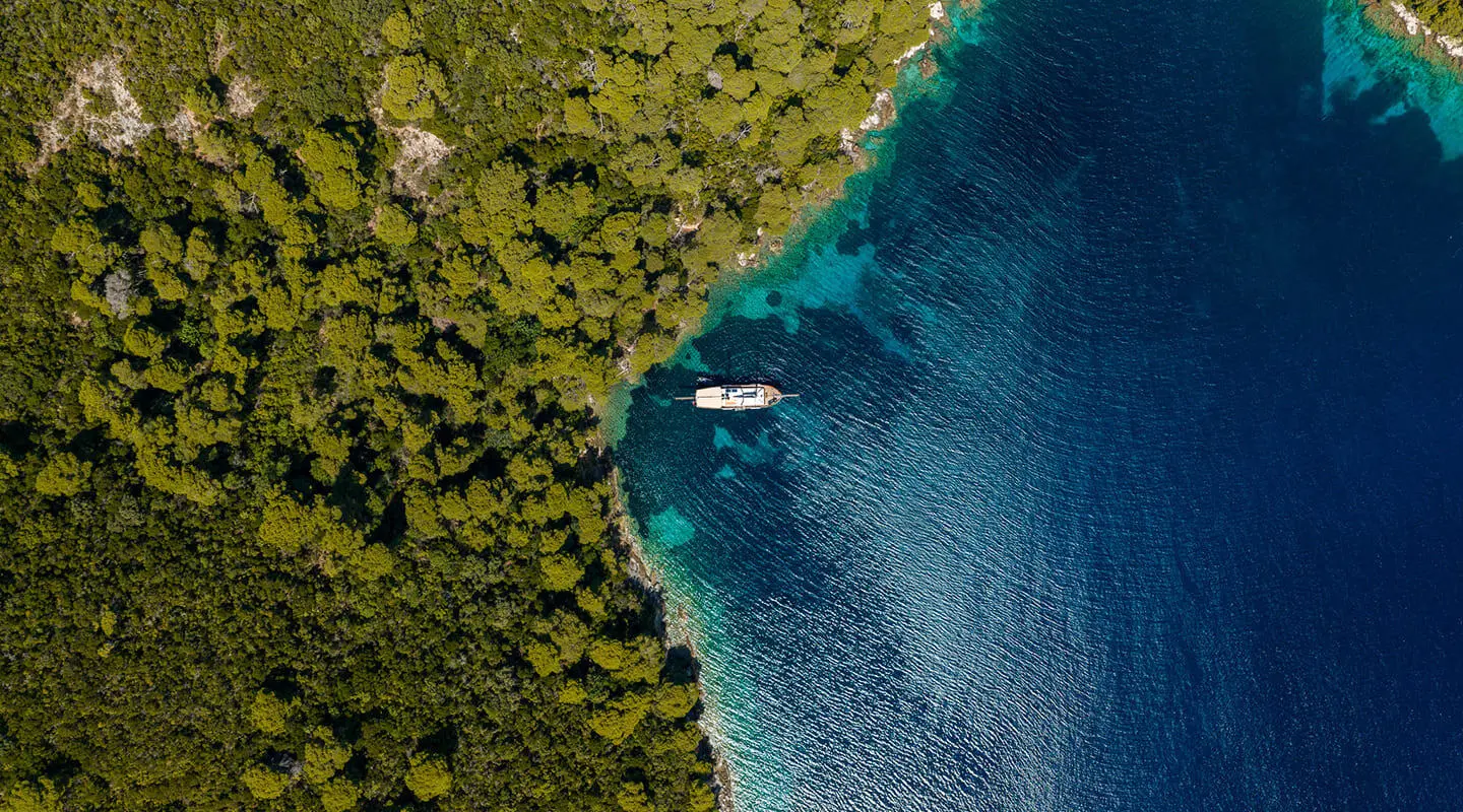 Eleganza yacht anchored near lush green coastline with calm blue water at sunset