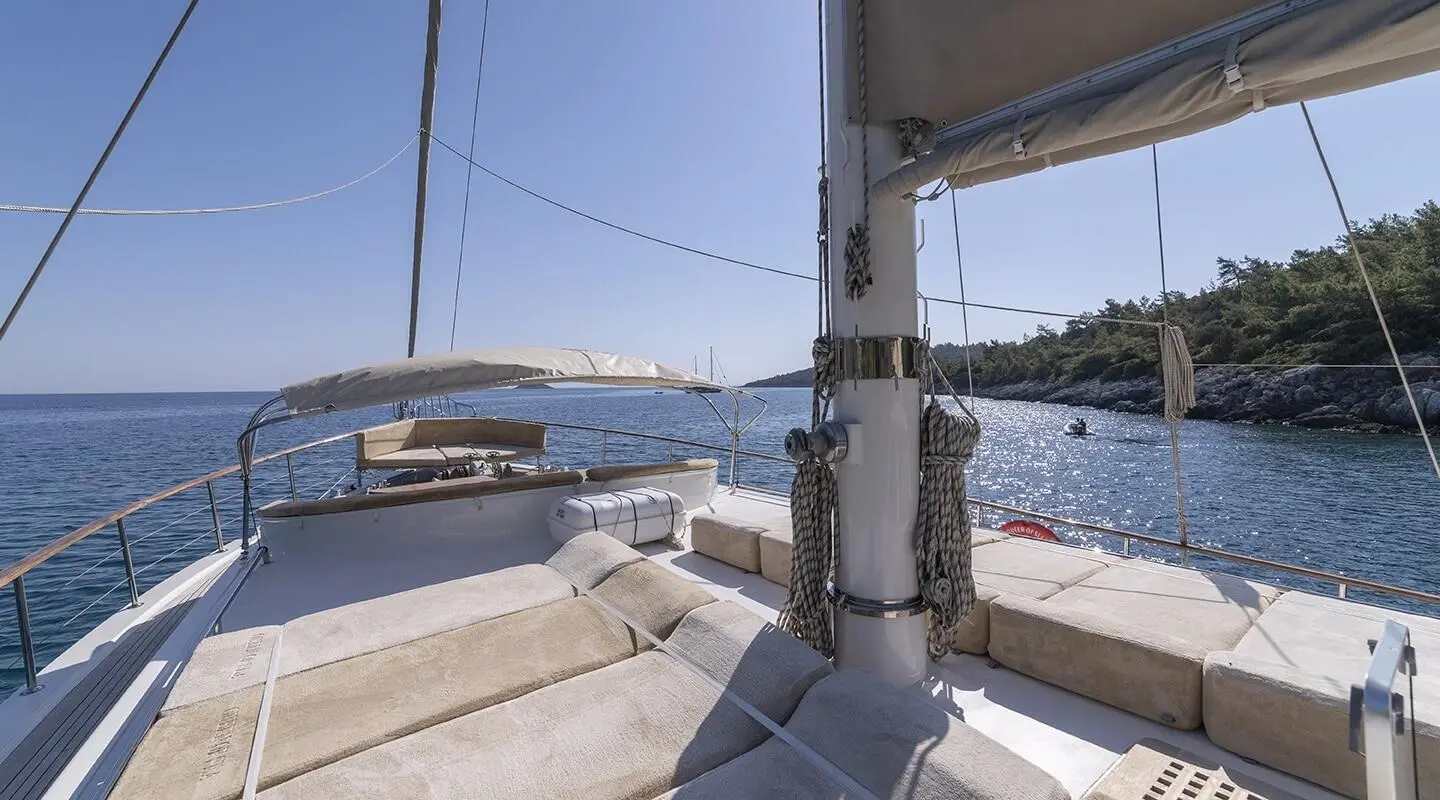 Queen Of Sea gulet on sun deck with railing and masts
