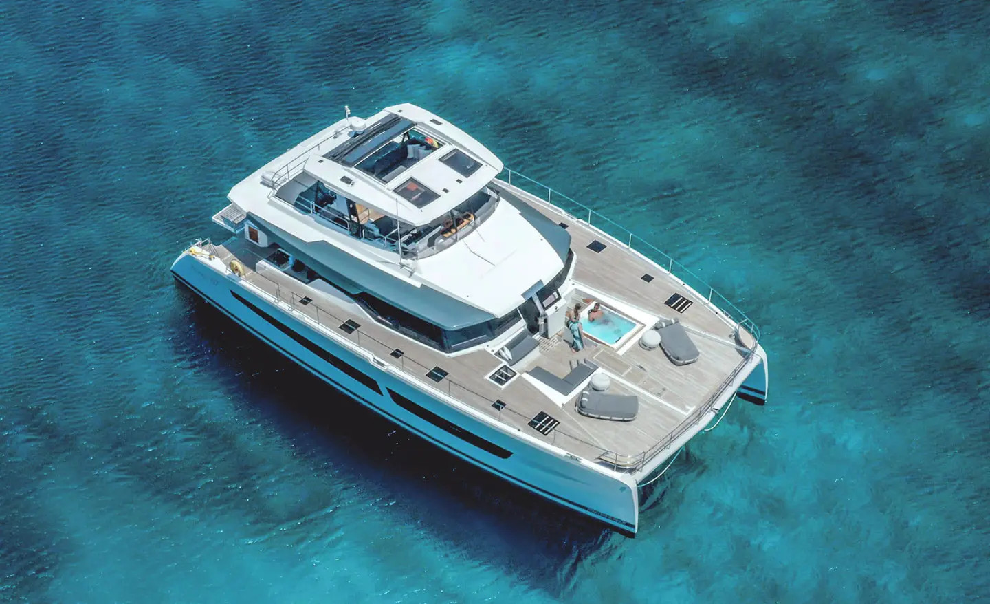 Aerial view of the D2 yacht with sunbathing area on the deck