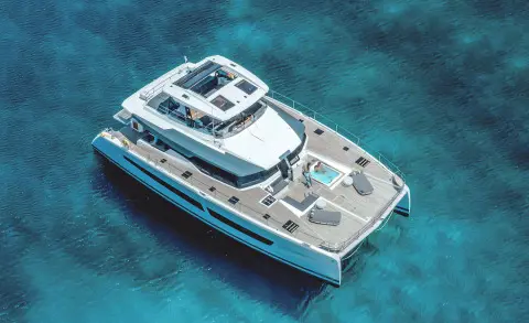 Aerial view of the D2 yacht with sunbathing area on the deck