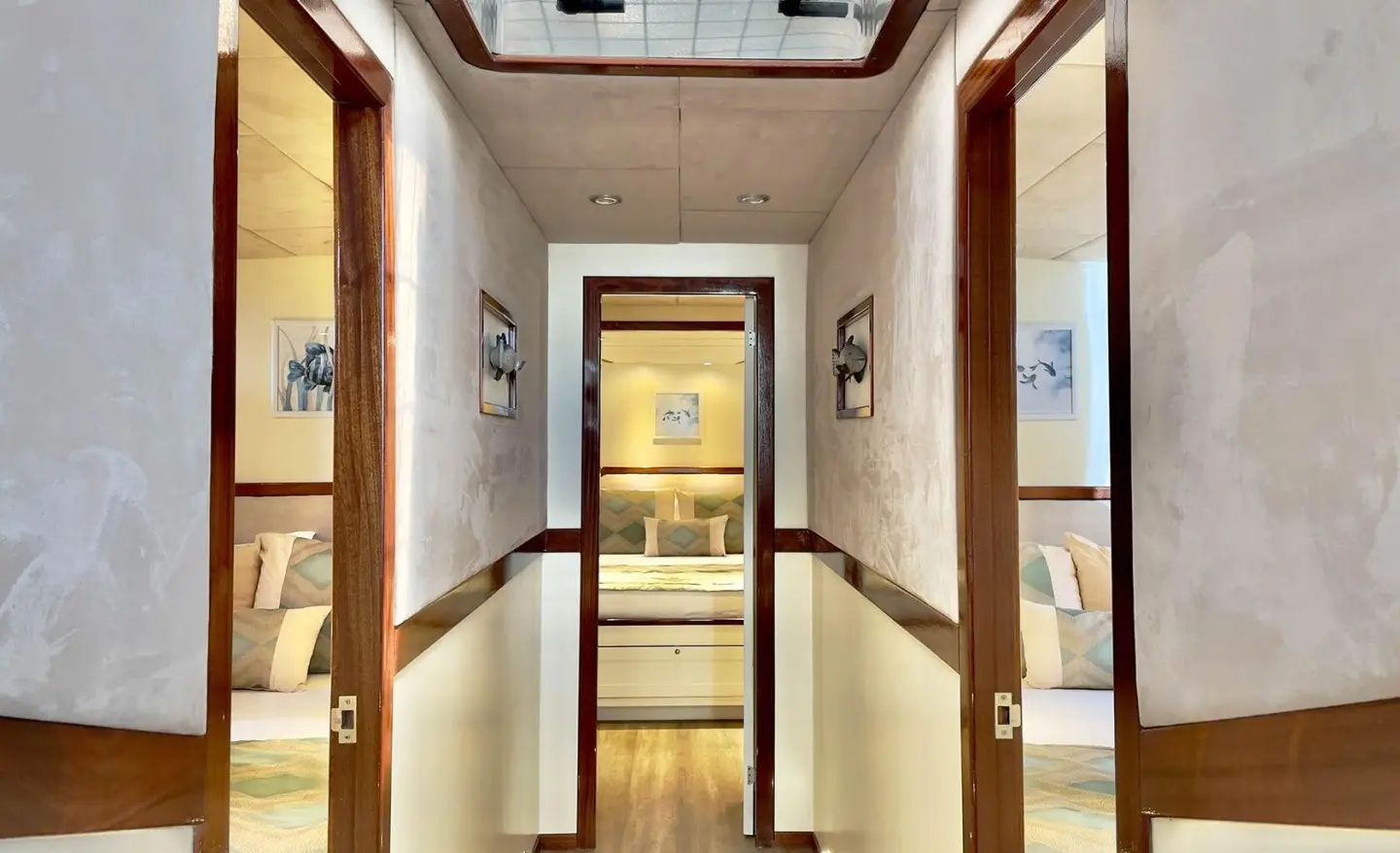 Doorway view to the deck of Derya Deniz yacht with warm wood interior