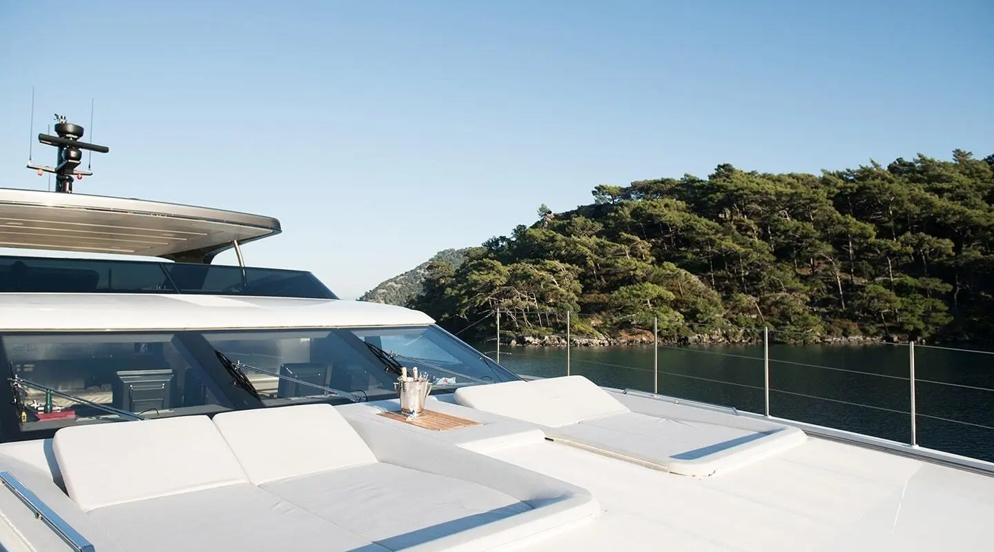 Morning Star motor yacht deck with sun loungers and bow view