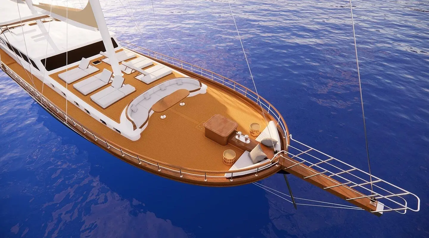 A luxury yacht Tosca at sunset with glossy deck and calm blue water