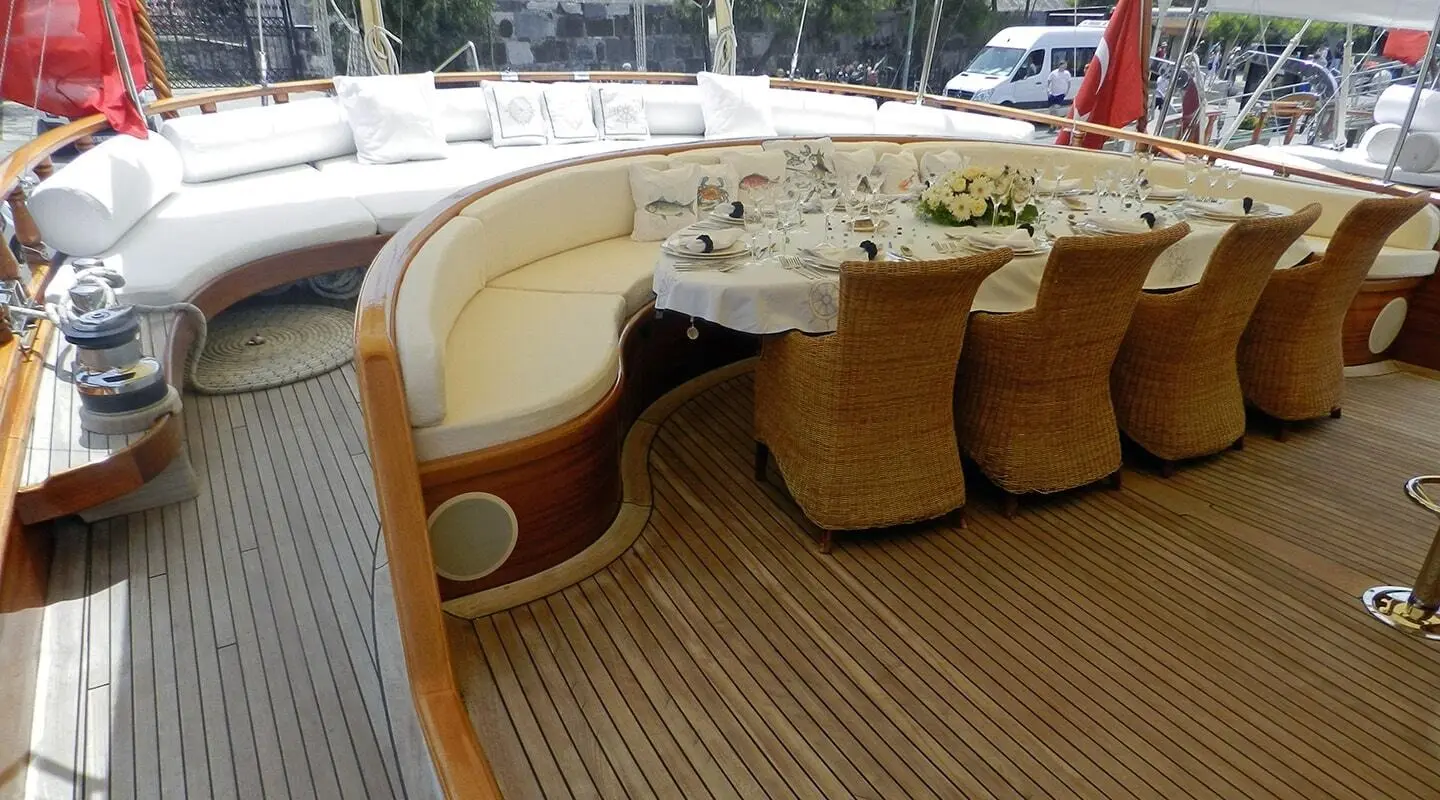 Kaya Guneri 4 yacht charters sunlit deck with wooden flooring and seating