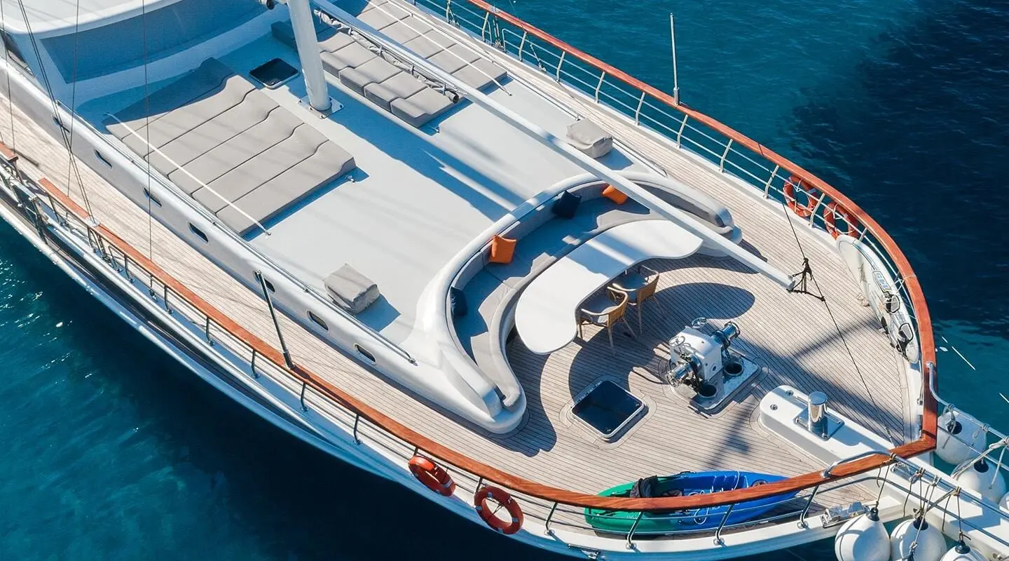 Top-down view of gulet Vista Mare bow deck with seating and railing