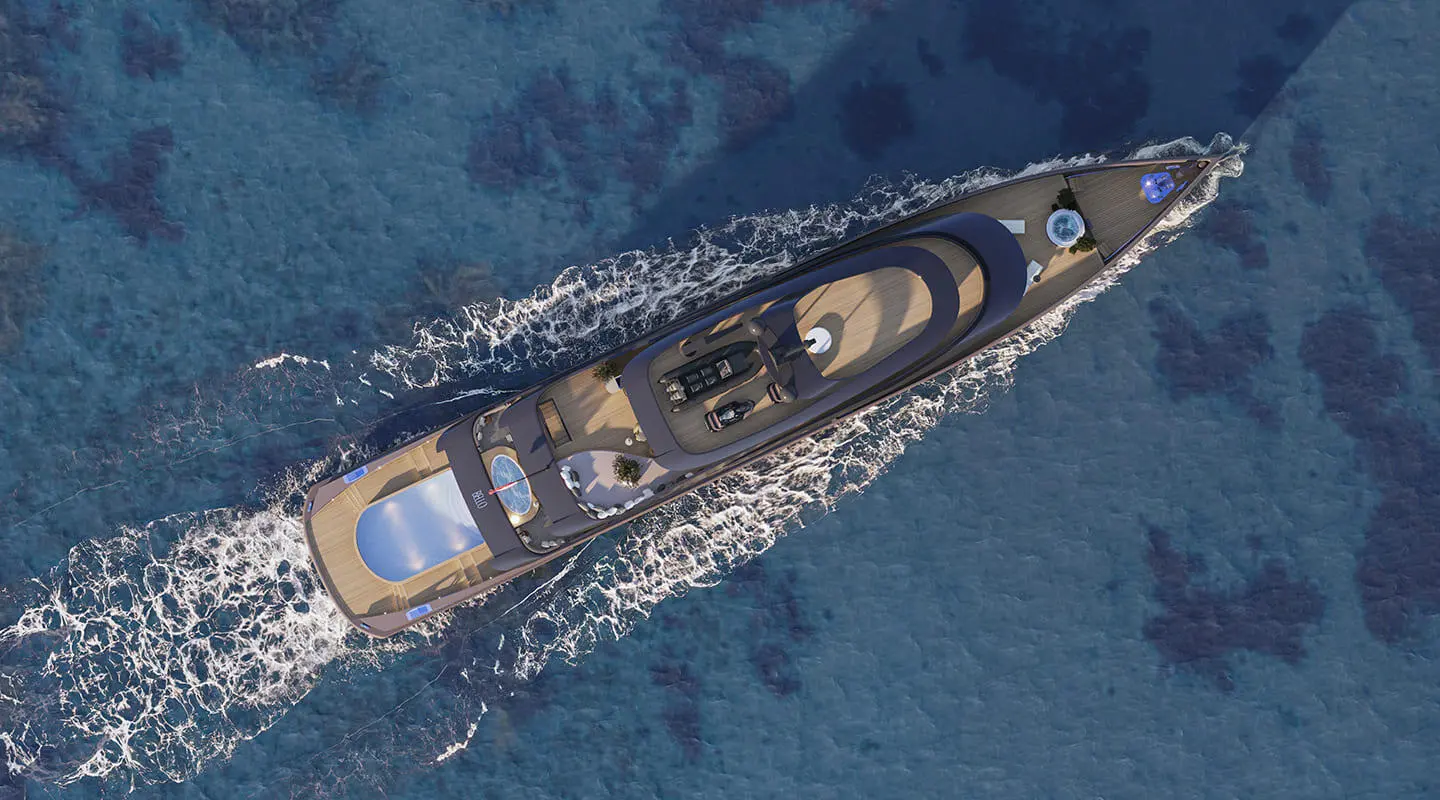 Aerial view of the motor yacht Bello cruising blue ocean waters