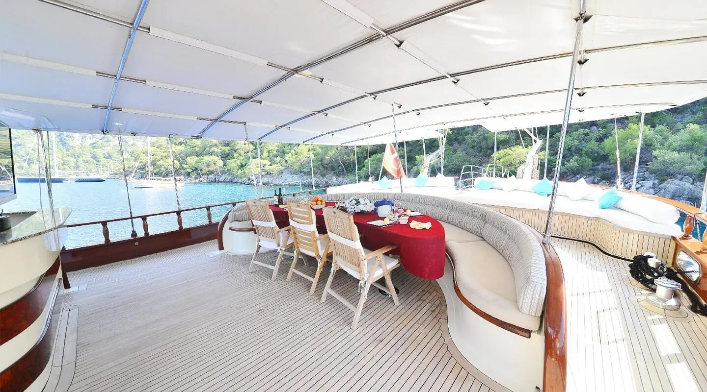 Gulet Berrak Su aft deck seating area with table and chairs under shade