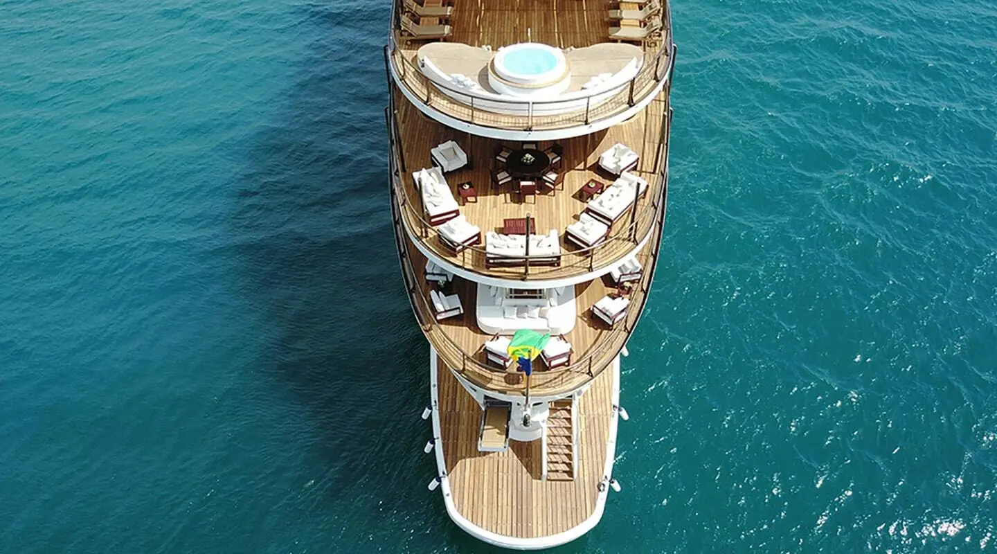 Chakra motor yacht viewed from above, top-down
