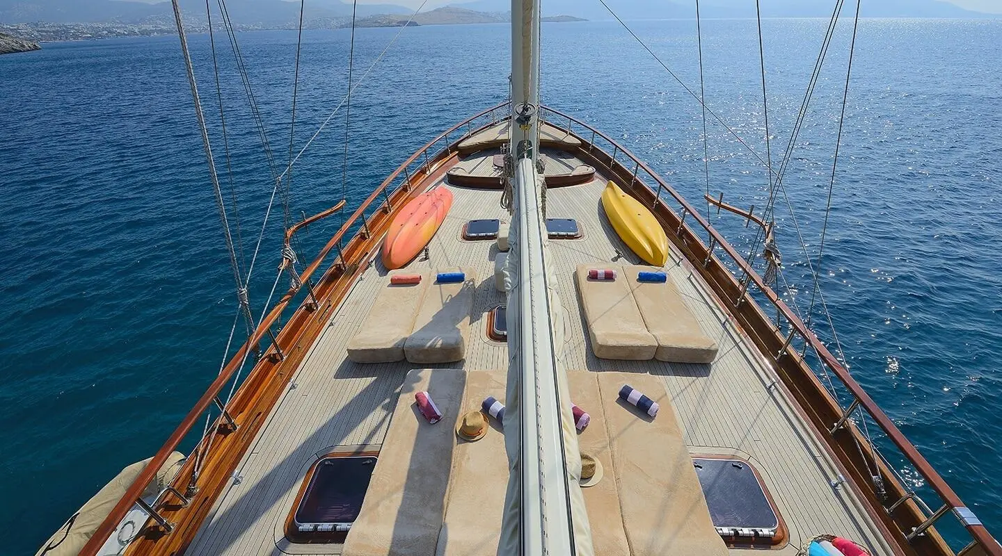 Samarkand gulet on sun deck with wooden surface and railings