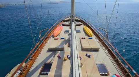 Samarkand gulet on sun deck with wooden surface and railings