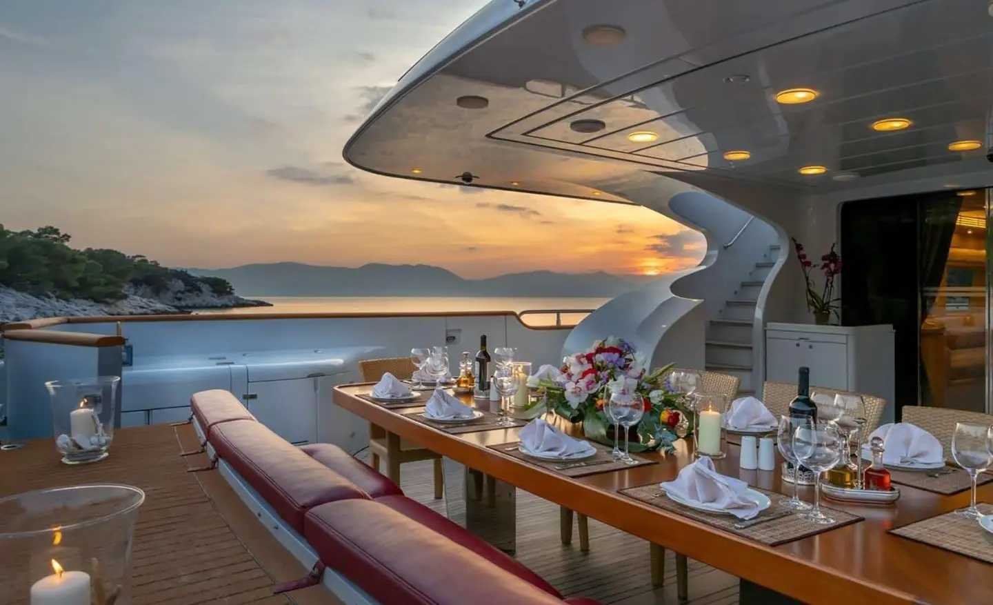 Glaros yacht deck dinner setup at sunset with tableware and seating