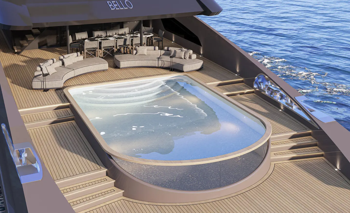 Bello yacht deck with a round hot tub on a sunlit pool deck overlooking water