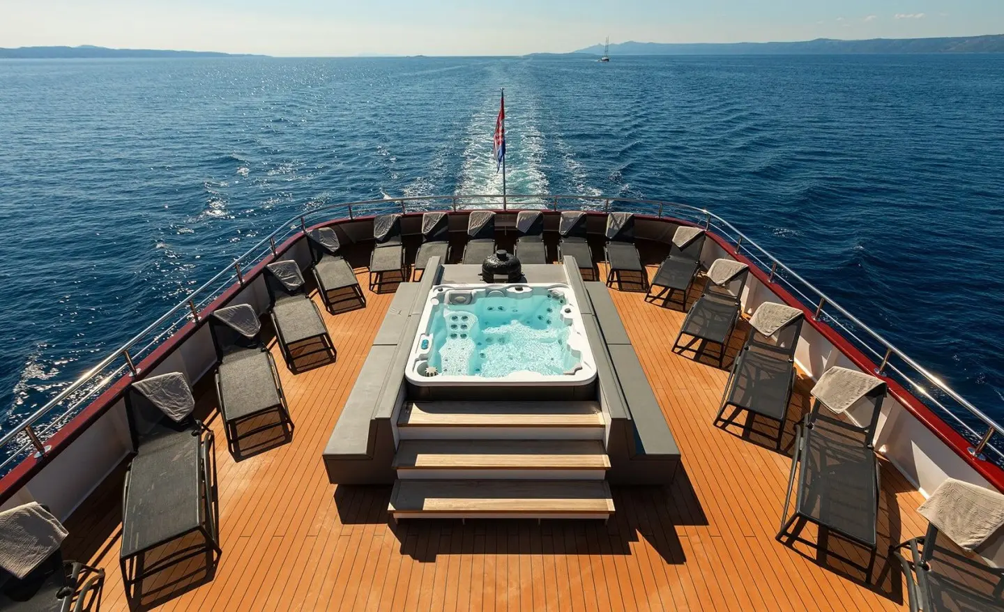 Aft deck with a central Jacuzzi tub surrounded by lounge chairs on a wooden deck