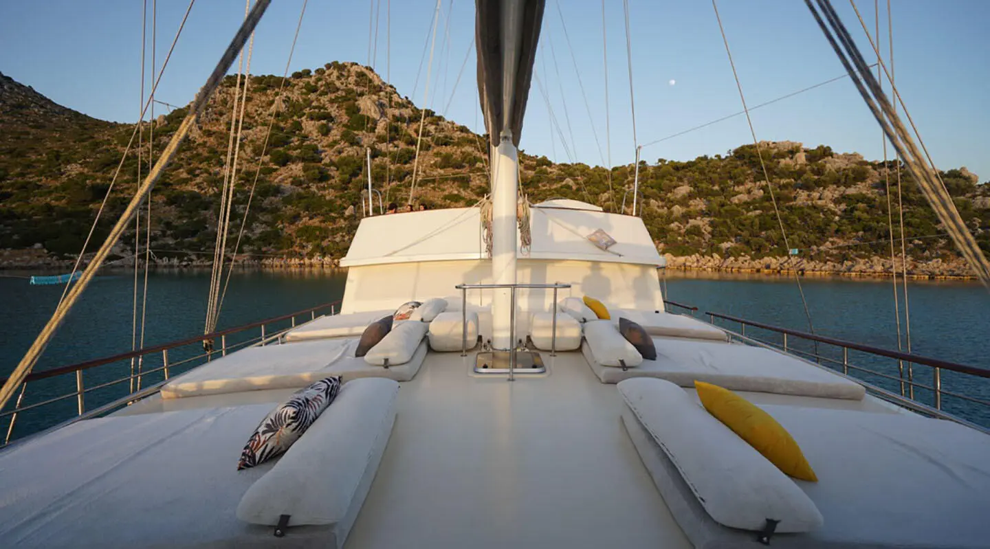 Gulet Prenses Esila sun deck with masts visible