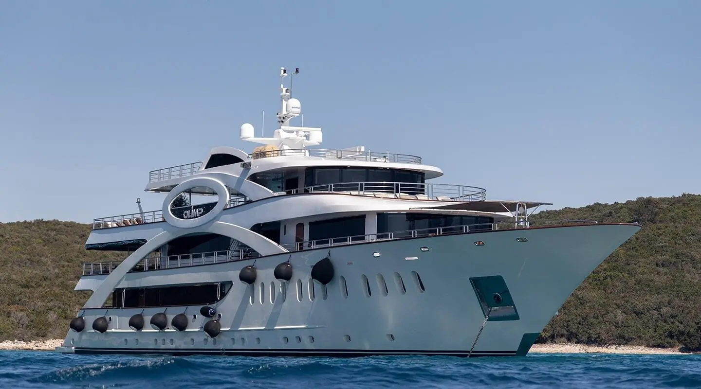 Luxurious Olimp yacht anchored with sleek hull, blue sea, and clear sky