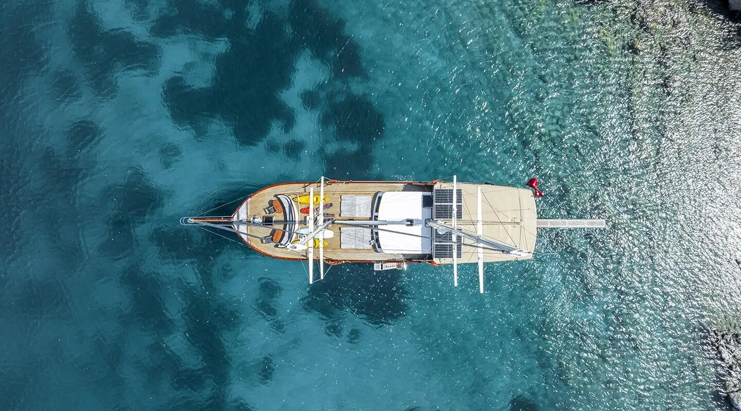 Top-down view of luxury gulet named Gozdem The One anchored in turquoise sea