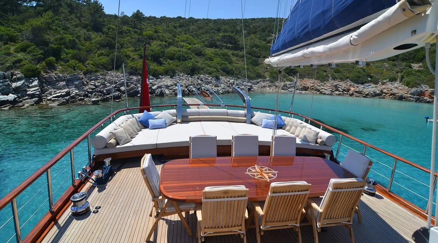 Aft deck of Blue Heaven gulet with sun loungers, seating, and shaded area