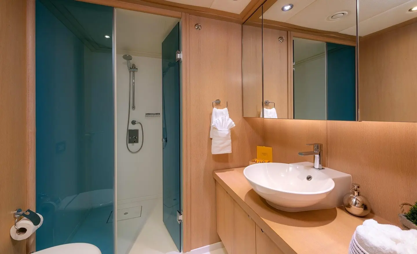 Grace 28m luxury yacht bathroom with teak cabinetry, glass shower, and white vessel sink