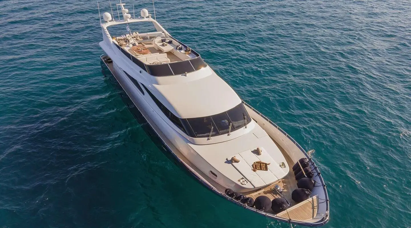 Top-down view of a luxury motor yacht named Zoi cruising blue ocean waters