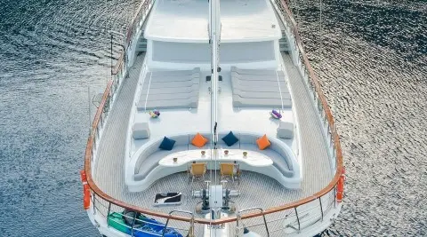 Top-down bow deck of gulet Vista Mare with seating and ropes
