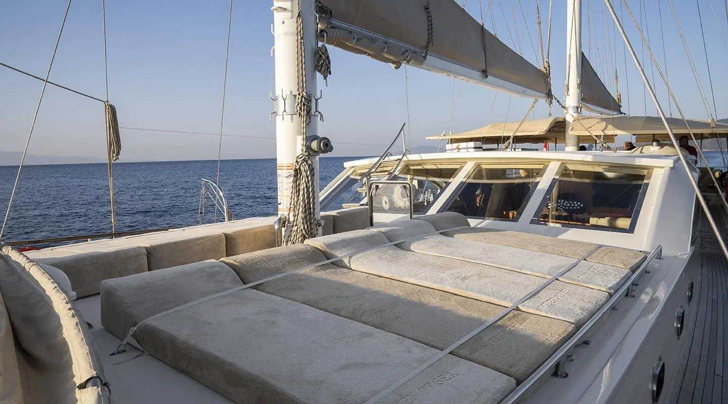 Gulet Queen Of Sea on sun deck with wooden deck and seating