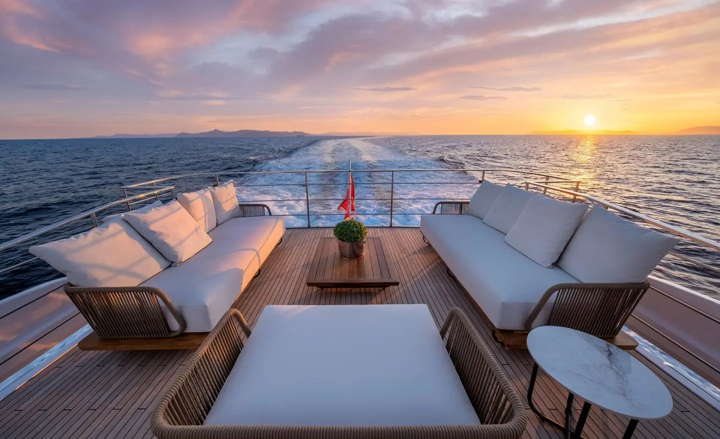 Spica motor yacht at sunset with seating on the deck