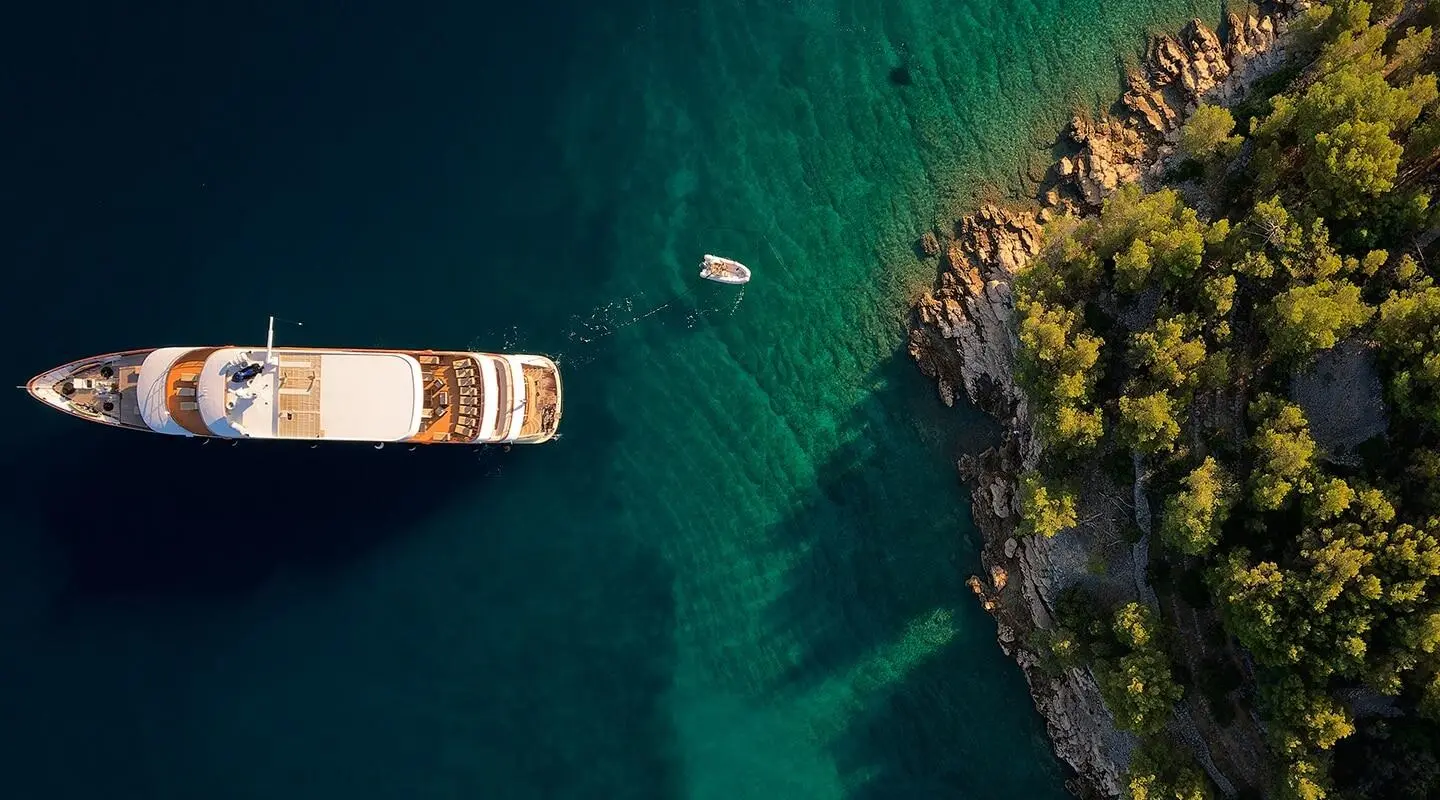 Aerial view of the Queen Eleganza motor yacht at sea