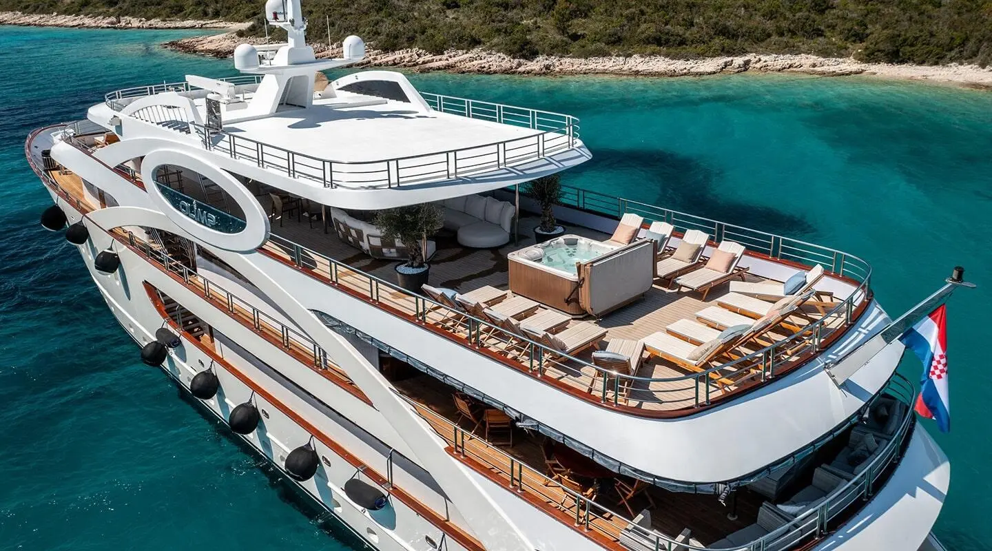 Olimp yacht upper deck with sunbathing area and loungers