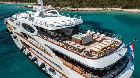 Olimp yacht upper deck with sunbathing area and loungers