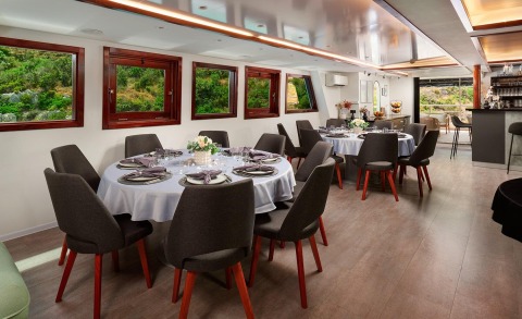 Lupus Mare motor yacht saloon with tables and chairs, large windows letting in natural light